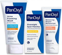 PanOxyl Before Bed Skincare Routine Bundle - Acne Foaming Wash Benzoyl Peroxide 10%, PM Overnight Spot Patches & PM Balancing Repair Moisturizer