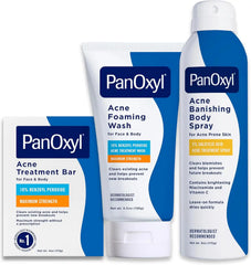 PanOxyl Acne Banishing Bundle - Acne Foaming Wash Benzoyl Peroxide 10%, Acne Banishing Body Spray with 2% Salicylic Acid & Acne Treatment Bar with 10% Benzoyl Peroxide