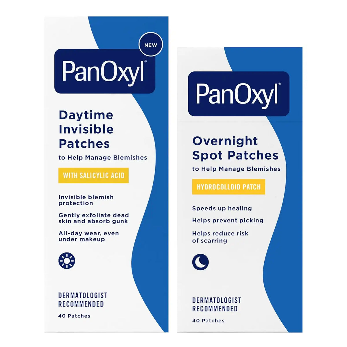 PanOxyl AM-PM Pimple Patch Duo, Daytime Invisible Salicylic Acid Care and Coverage/Overnight Hydrocolloid Spot Protection, Day-to-Night Blemish System, 80 Total Patches, Latex-Free