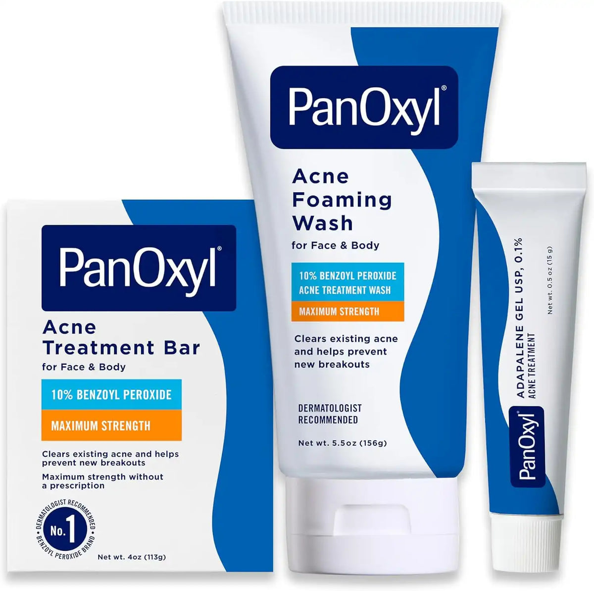 PanOxyl Face and Body Bundle - Acne Foaming Wash Benzoyl Peroxide 10%, Acne Treatment Bar with 10% Benzoyl Peroxide & Adapalene 0.1% Leave-On Gel