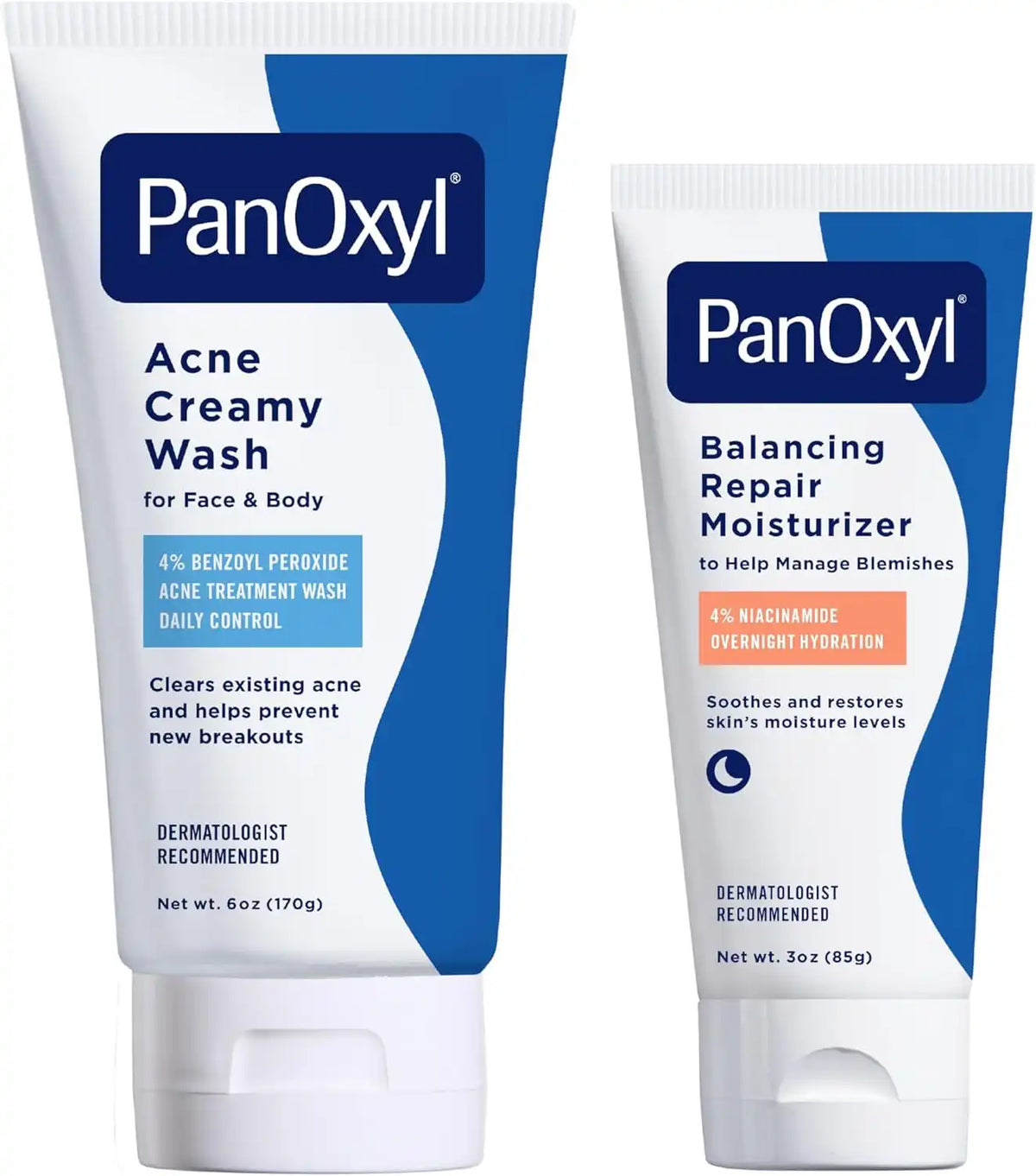 PanOxyl Wash and Moisturize Duo Bundle – Creamy Acne Wash 4% Benzoyl Peroxide, Balancing Repair Moisturizer 4% Niacinamide