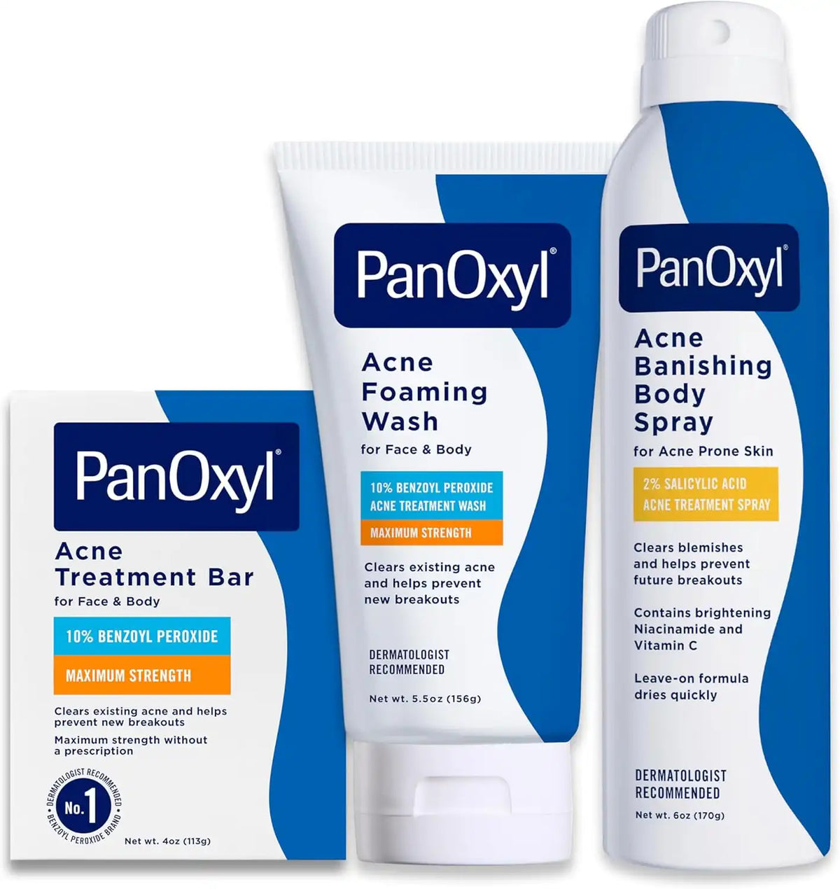 PanOxyl Acne Banishing Bundle - Acne Foaming Wash Benzoyl Peroxide 10%, Acne Banishing Body Spray with 2% Salicylic Acid & Acne Treatment Bar with 10% Benzoyl Peroxide